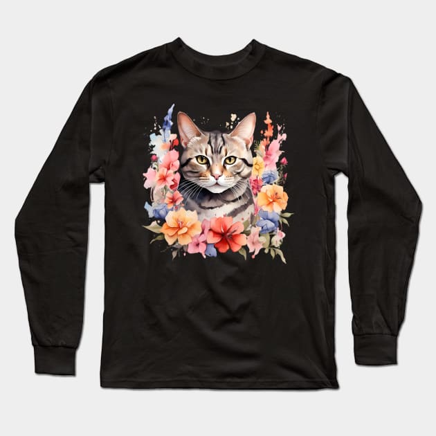 An american shorthair cat decorated with beautiful watercolor flowers Long Sleeve T-Shirt by CreativeSparkzz